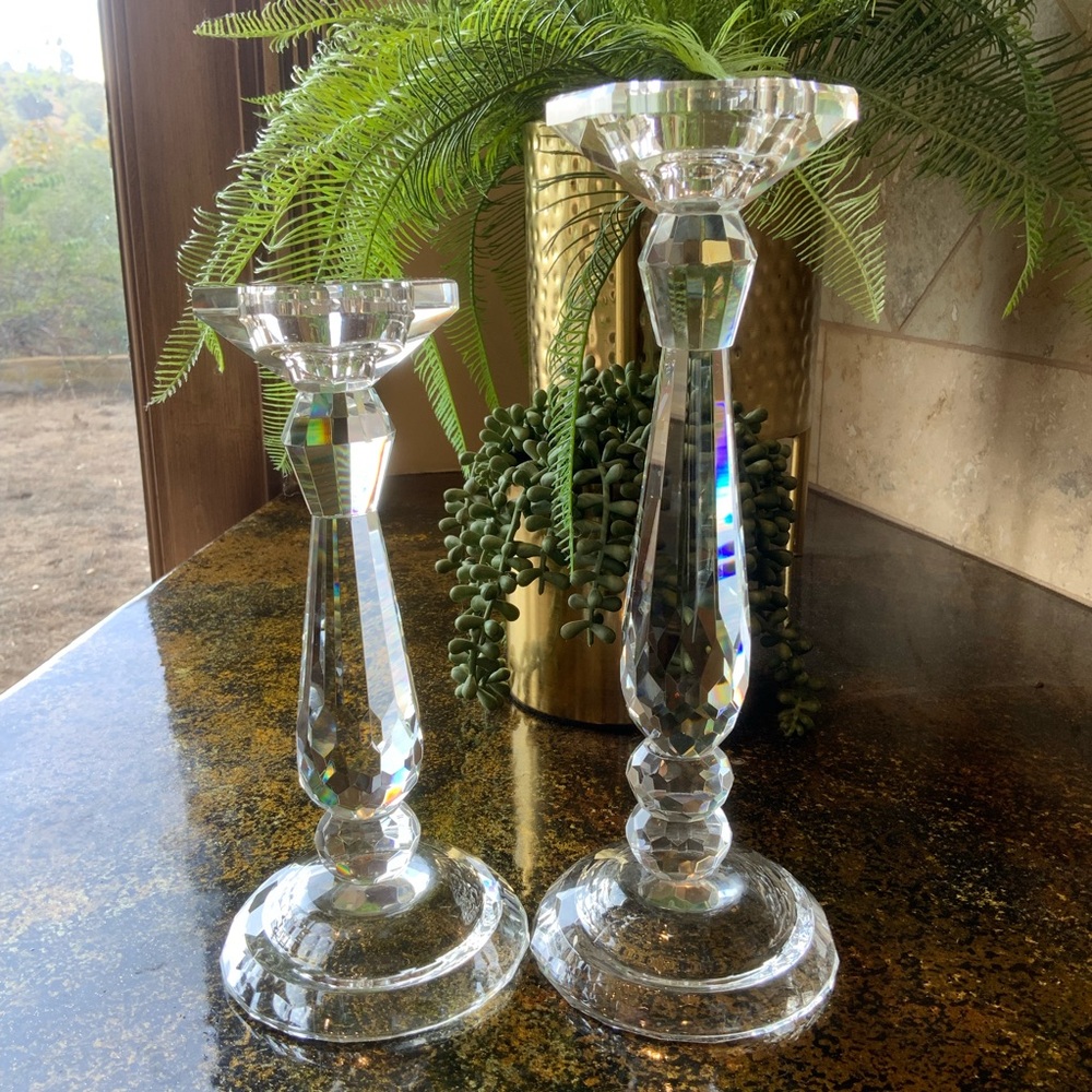 Brilliant pair of glass faceted Candle Holders, 2 sizes as shown.